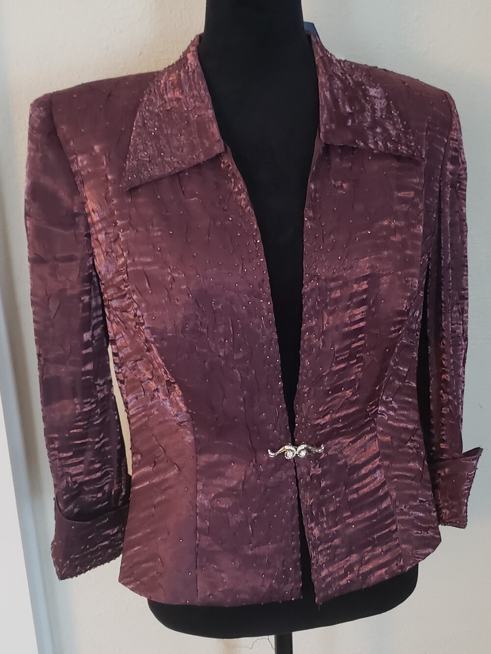 KM Collections Plum Satin-Textured Women's Blazer with Decorative Clasp